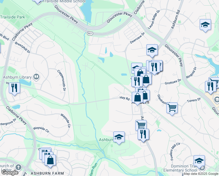 map of restaurants, bars, coffee shops, grocery stores, and more near 43637 Meadow Overlook Place in Ashburn