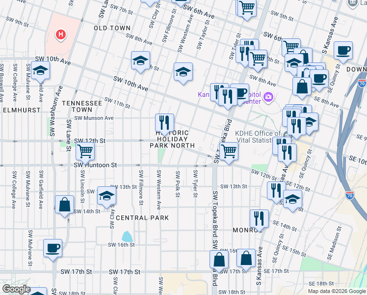 map of restaurants, bars, coffee shops, grocery stores, and more near SW 12th St & SW Polk St in Topeka