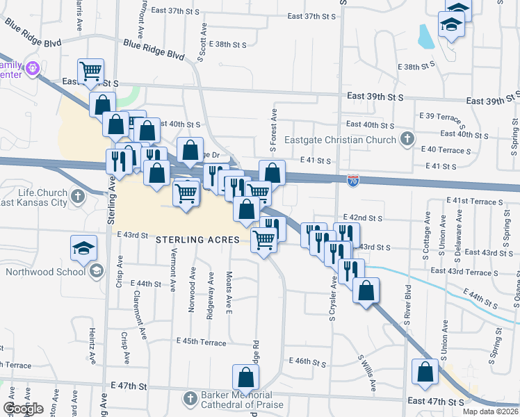 map of restaurants, bars, coffee shops, grocery stores, and more near 11815 U.S. 40 in Independence