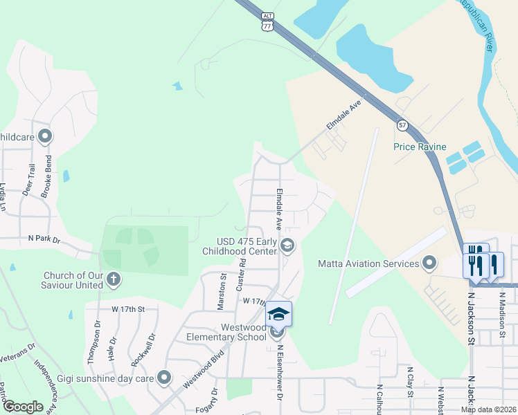 map of restaurants, bars, coffee shops, grocery stores, and more near 1220 West 19th Street in Junction City