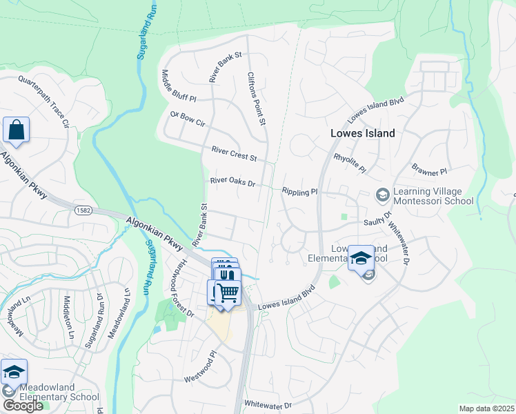 map of restaurants, bars, coffee shops, grocery stores, and more near 20566 Meadow Island Place in Sterling