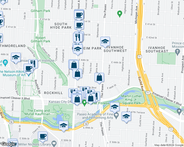 map of restaurants, bars, coffee shops, grocery stores, and more near 4451 Tracy Avenue in Kansas City