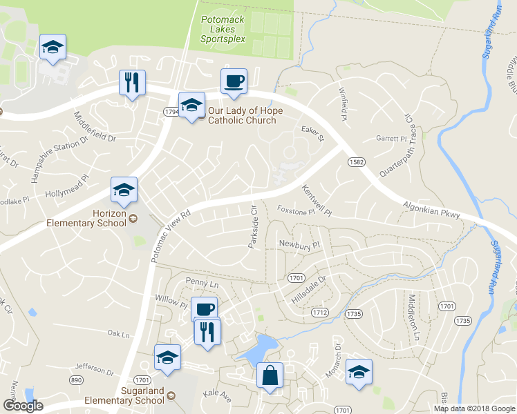 map of restaurants, bars, coffee shops, grocery stores, and more near 20604 Parkside Circle in Sterling