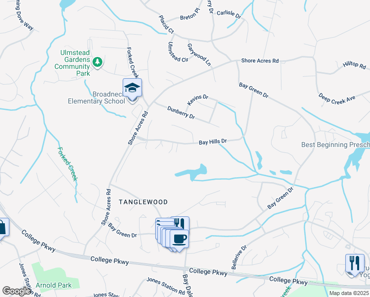 map of restaurants, bars, coffee shops, grocery stores, and more near 527 Bay Hills Drive in Arnold