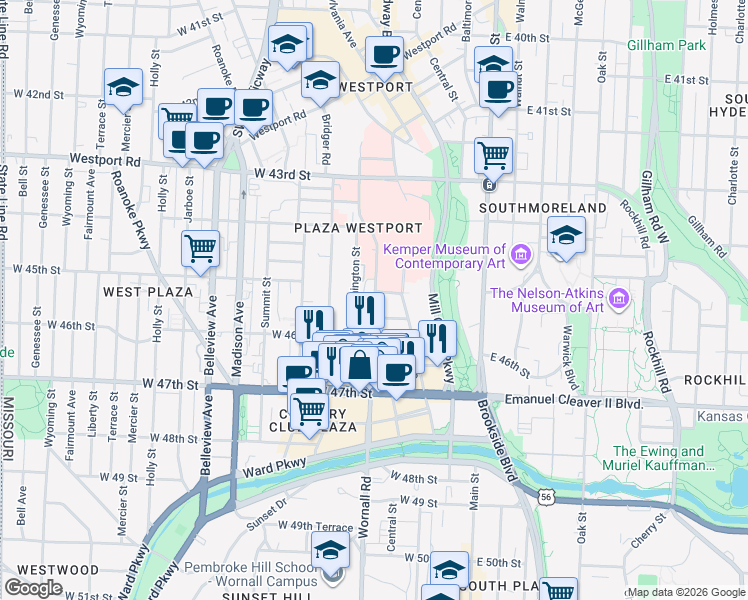 map of restaurants, bars, coffee shops, grocery stores, and more near 4516 Broadway Street in Kansas City