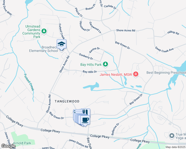 map of restaurants, bars, coffee shops, grocery stores, and more near 533 Bay Hills Drive in Arnold