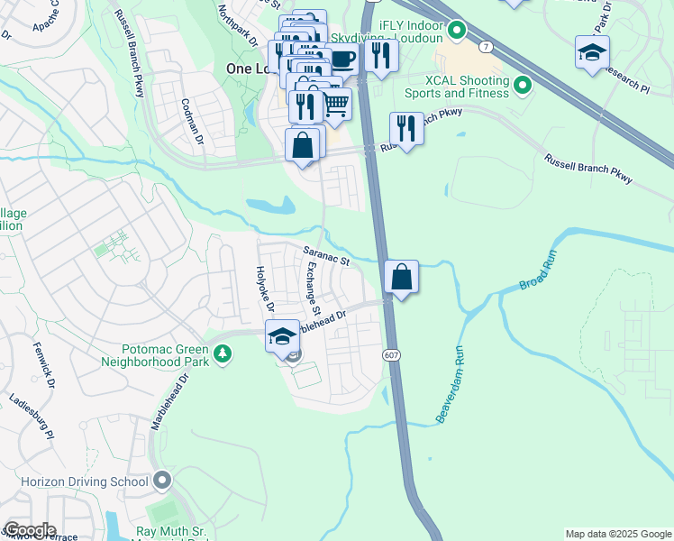 map of restaurants, bars, coffee shops, grocery stores, and more near 20620 Duxbury Terrace in Ashburn