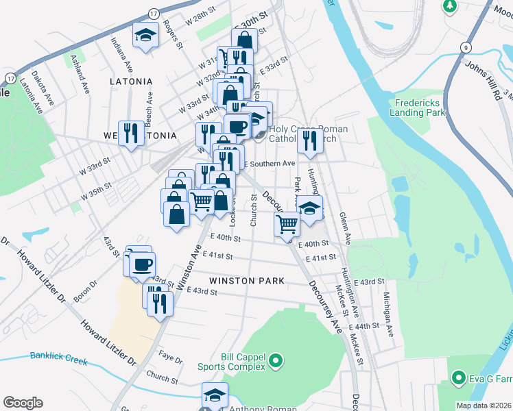 map of restaurants, bars, coffee shops, grocery stores, and more near 31 East 39th Street in Covington