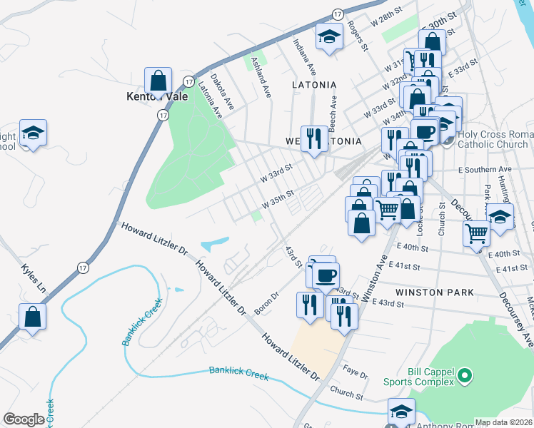 map of restaurants, bars, coffee shops, grocery stores, and more near 3516 Carlisle Avenue in Covington