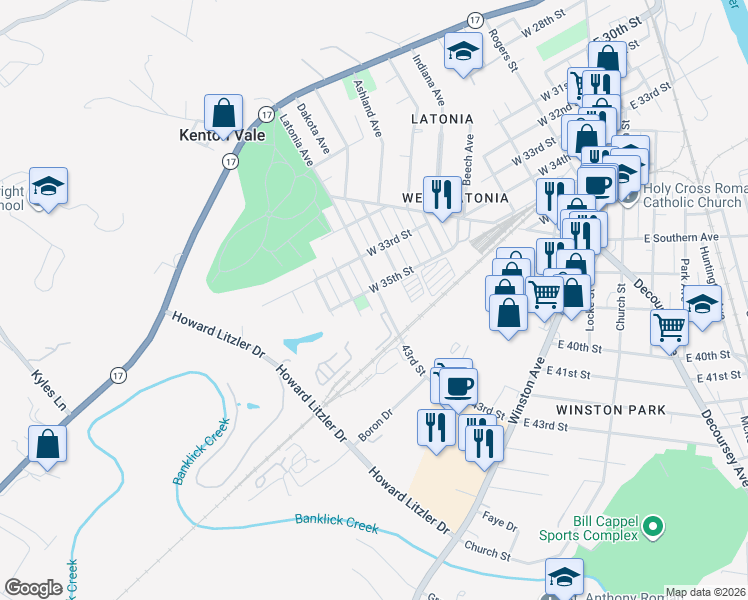 map of restaurants, bars, coffee shops, grocery stores, and more near 3516 Carlisle Avenue in Covington