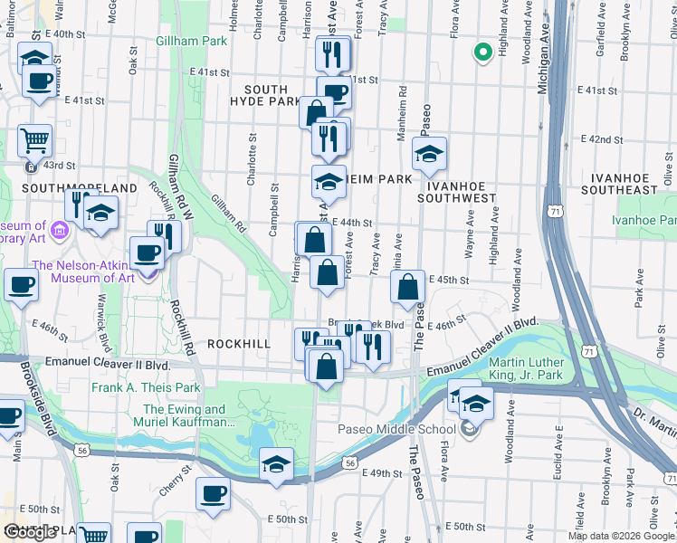 map of restaurants, bars, coffee shops, grocery stores, and more near 4508 Forest Avenue in Kansas City