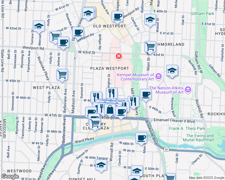 map of restaurants, bars, coffee shops, grocery stores, and more near 4516 Broadway Boulevard in Kansas City