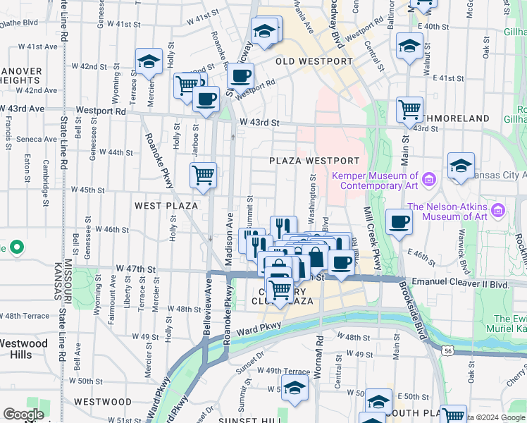 map of restaurants, bars, coffee shops, grocery stores, and more near 4527 Jefferson Street in Kansas City
