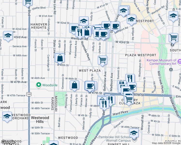map of restaurants, bars, coffee shops, grocery stores, and more near 4529 Holly Street in Kansas City