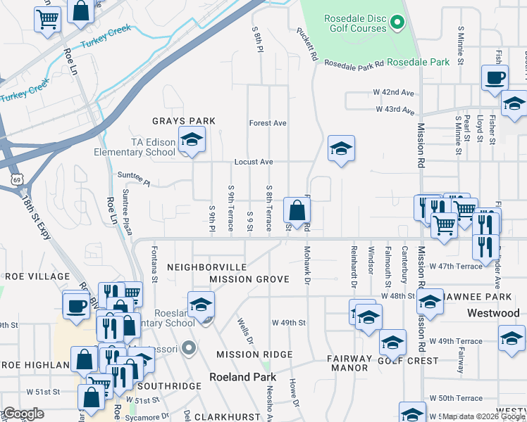 map of restaurants, bars, coffee shops, grocery stores, and more near 3127 South 8th Terrace in Kansas City