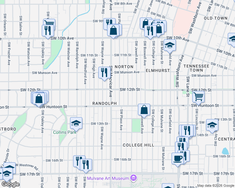 map of restaurants, bars, coffee shops, grocery stores, and more near 1220 Southwest Plass Avenue in Topeka