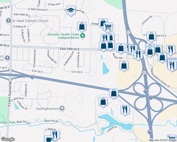 map of restaurants, bars, coffee shops, grocery stores, and more near 17409 East 41st Street South in Independence