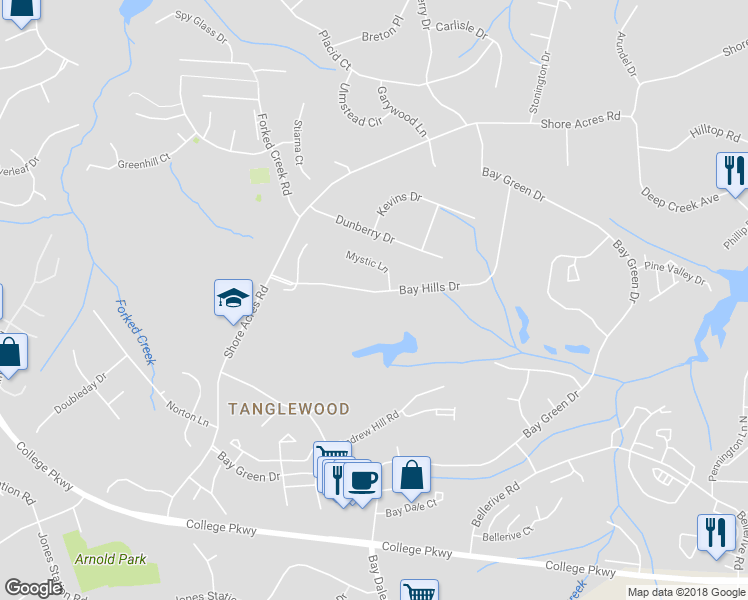 map of restaurants, bars, coffee shops, grocery stores, and more near 527 Bay Hills Drive in Arnold