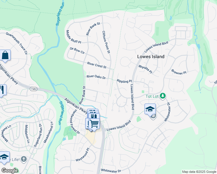 map of restaurants, bars, coffee shops, grocery stores, and more near 20562 Meadow Island Place in Sterling