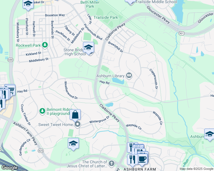 map of restaurants, bars, coffee shops, grocery stores, and more near 20647 Southwind Terrace in Ashburn