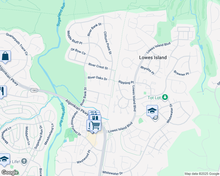 map of restaurants, bars, coffee shops, grocery stores, and more near 20562 Meadow Island Place in Sterling