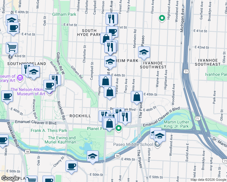 map of restaurants, bars, coffee shops, grocery stores, and more near 4508 Forest Avenue in Kansas City