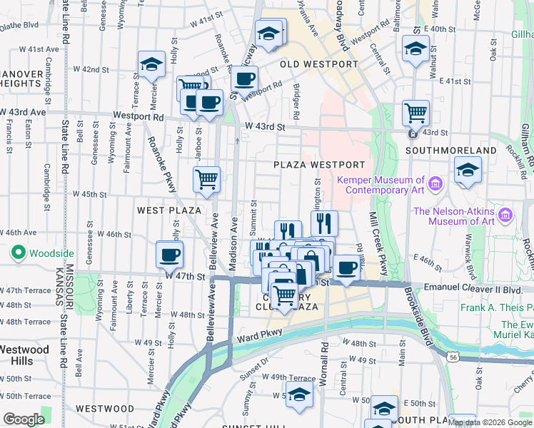 map of restaurants, bars, coffee shops, grocery stores, and more near 4511 Headwood Drive in Kansas City