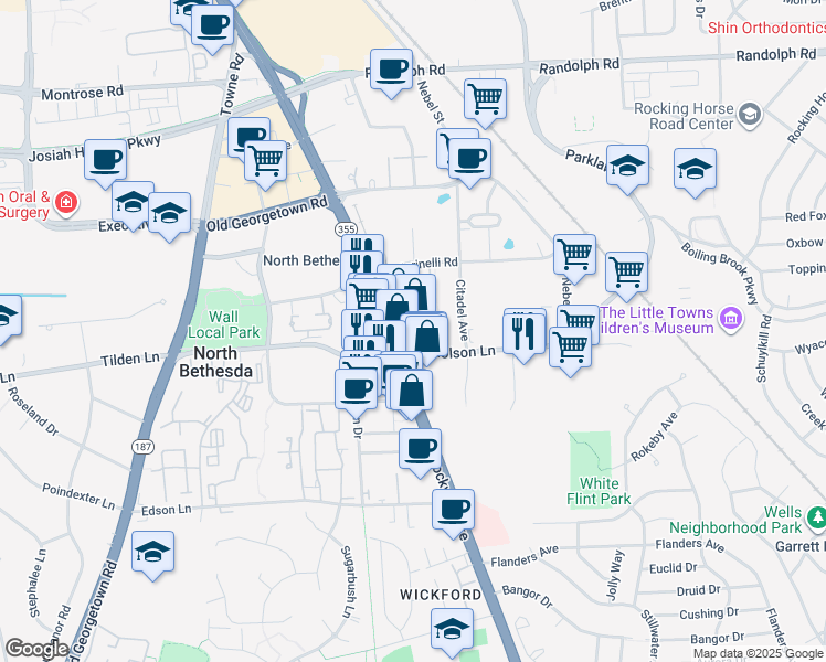 map of restaurants, bars, coffee shops, grocery stores, and more near 11503 Rockville Pike in Rockville