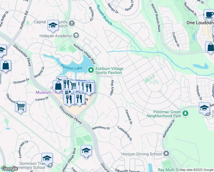 map of restaurants, bars, coffee shops, grocery stores, and more near 44260 Cobham Station Court in Ashburn