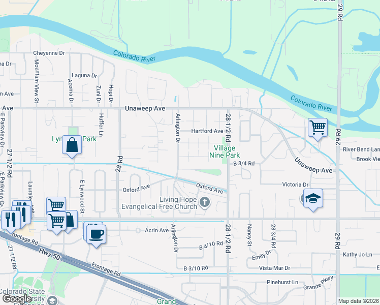 map of restaurants, bars, coffee shops, grocery stores, and more near 2855 Monroe Lane in Grand Junction