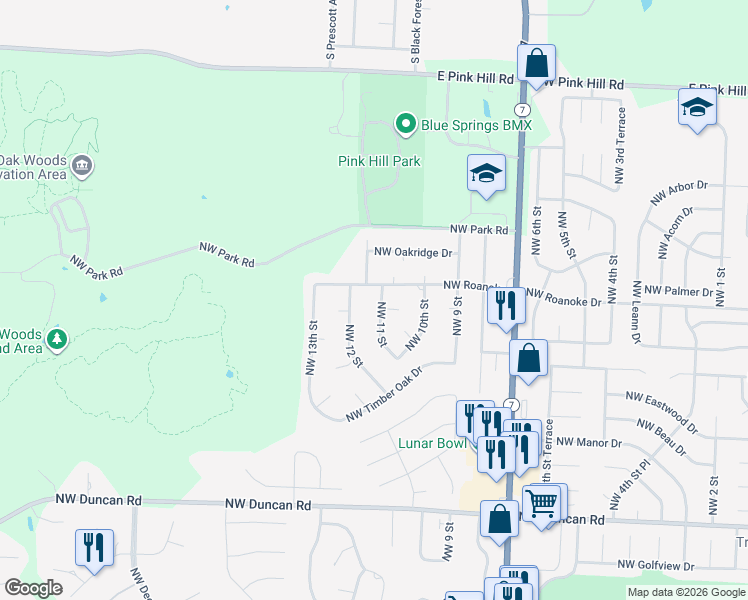 map of restaurants, bars, coffee shops, grocery stores, and more near 2212 Northwest 11 Street in Blue Springs
