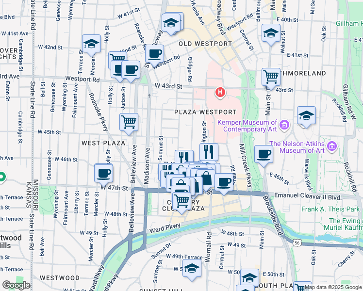map of restaurants, bars, coffee shops, grocery stores, and more near 4527 Jefferson Street in Kansas City