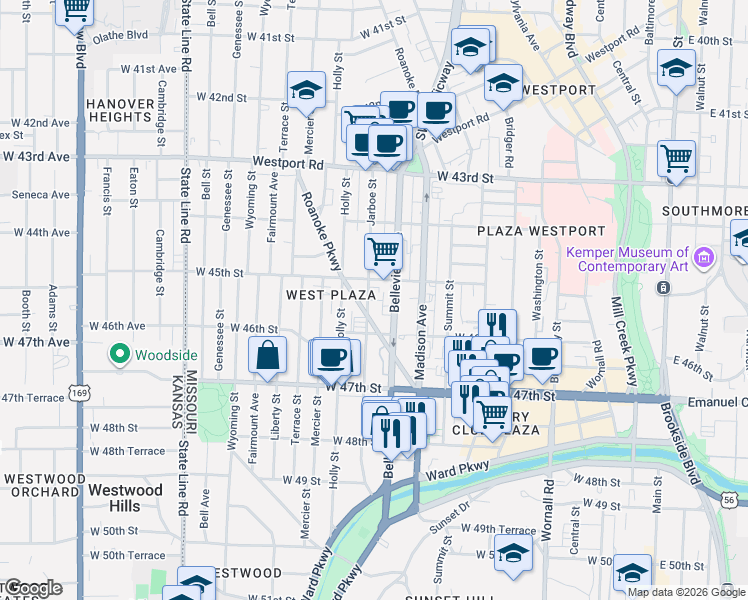 map of restaurants, bars, coffee shops, grocery stores, and more near 4550 Belleview Avenue in Kansas City