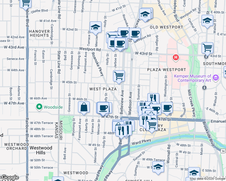 map of restaurants, bars, coffee shops, grocery stores, and more near 4550 Belleview Avenue in Kansas City