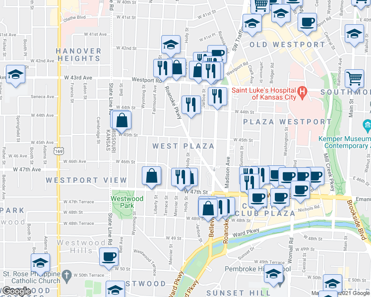 map of restaurants, bars, coffee shops, grocery stores, and more near 4529 Holly Street in Kansas City