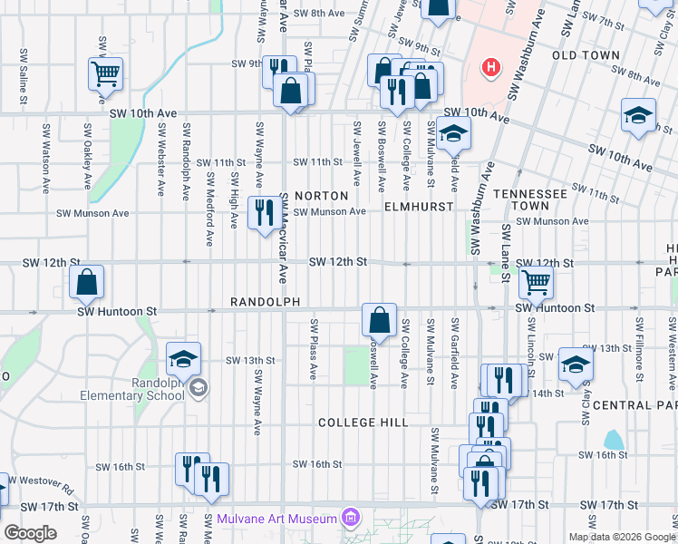 map of restaurants, bars, coffee shops, grocery stores, and more near 1225 Southwest Jewell Avenue in Topeka
