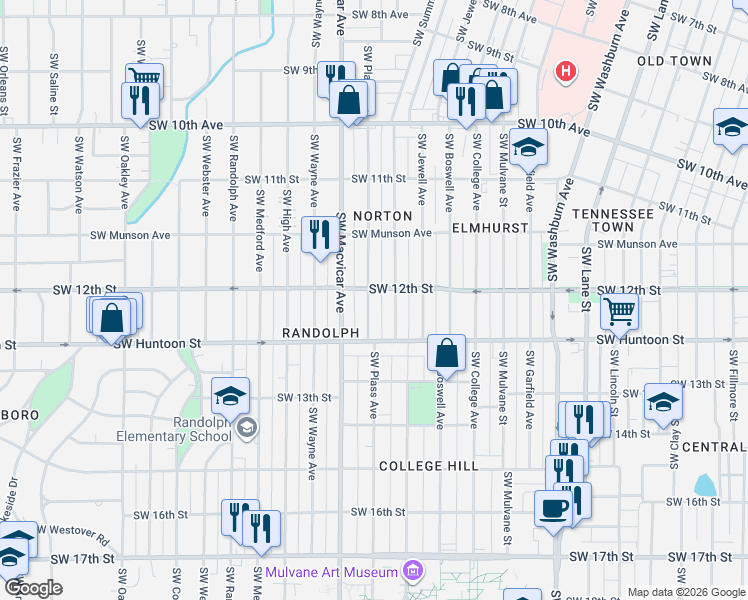 map of restaurants, bars, coffee shops, grocery stores, and more near 1220 Southwest Plass Avenue in Topeka