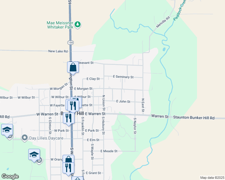 map of restaurants, bars, coffee shops, grocery stores, and more near 210 North Lincoln Street in Bunker Hill
