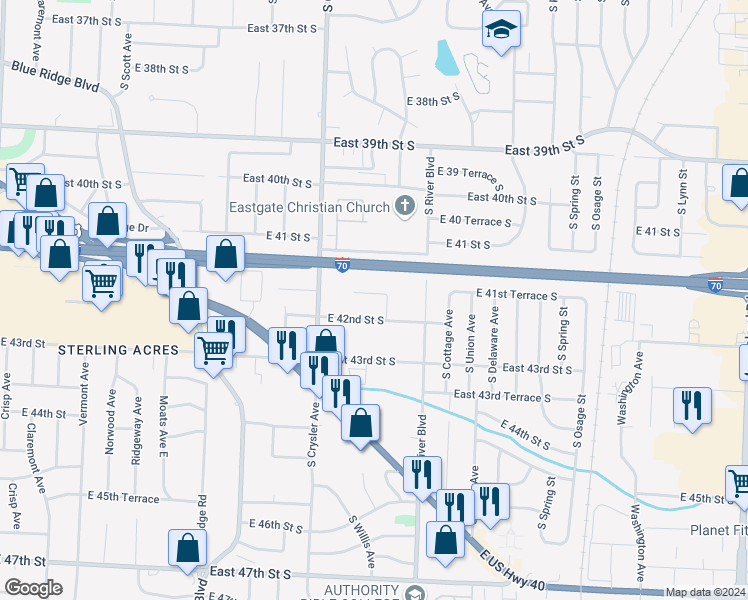map of restaurants, bars, coffee shops, grocery stores, and more near 12613 East 41st Terrace South in Independence