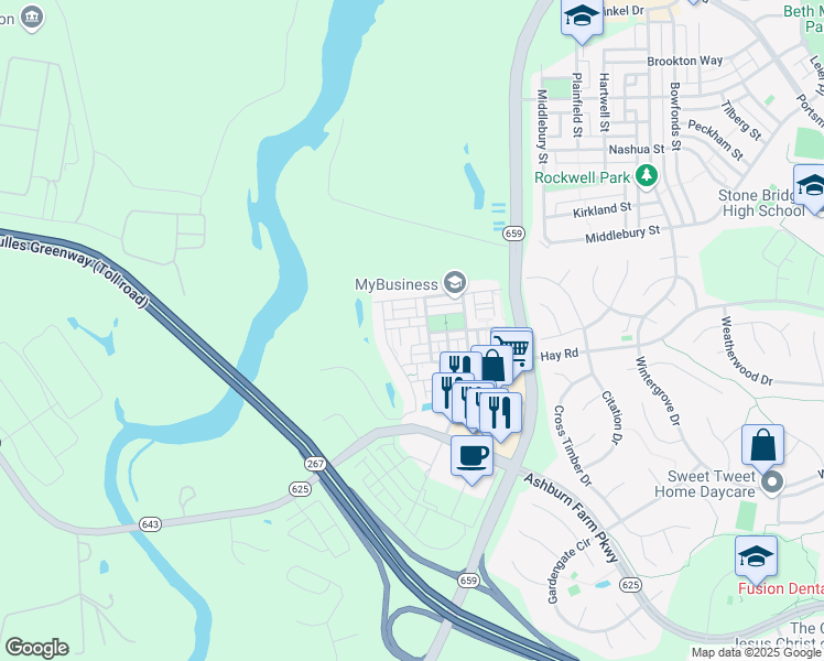 map of restaurants, bars, coffee shops, grocery stores, and more near 20621 Liddell Terrace in Ashburn