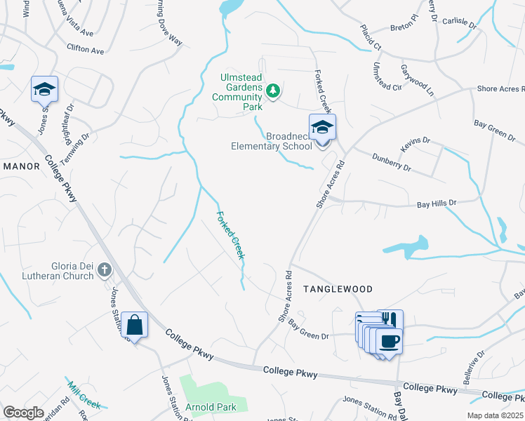 map of restaurants, bars, coffee shops, grocery stores, and more near 470 Shore Acres Road in Arnold