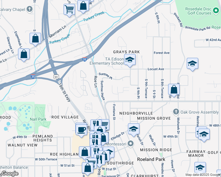 map of restaurants, bars, coffee shops, grocery stores, and more near 1148 County Line Road in Kansas City