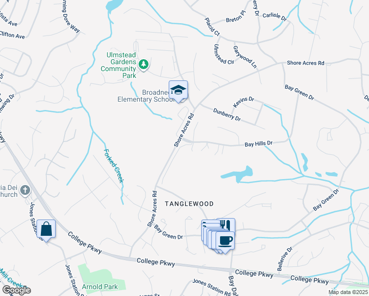 map of restaurants, bars, coffee shops, grocery stores, and more near 451 Shore Acres Road in Arnold