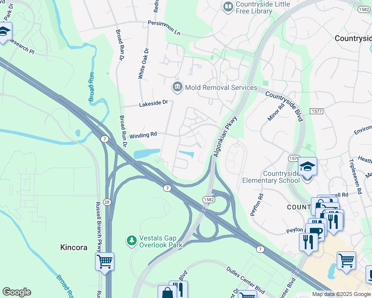 map of restaurants, bars, coffee shops, grocery stores, and more near 45535 Lake Haven Terrace in Countryside
