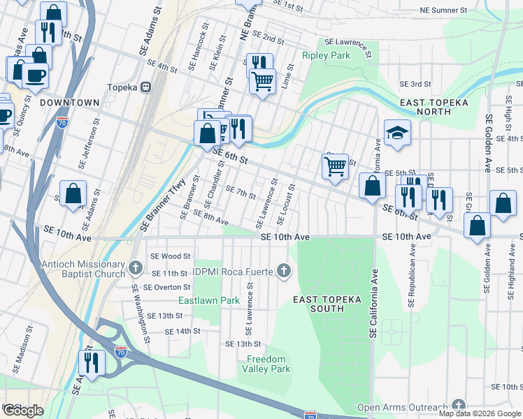 map of restaurants, bars, coffee shops, grocery stores, and more near 727 Southeast Lawrence Street in Topeka
