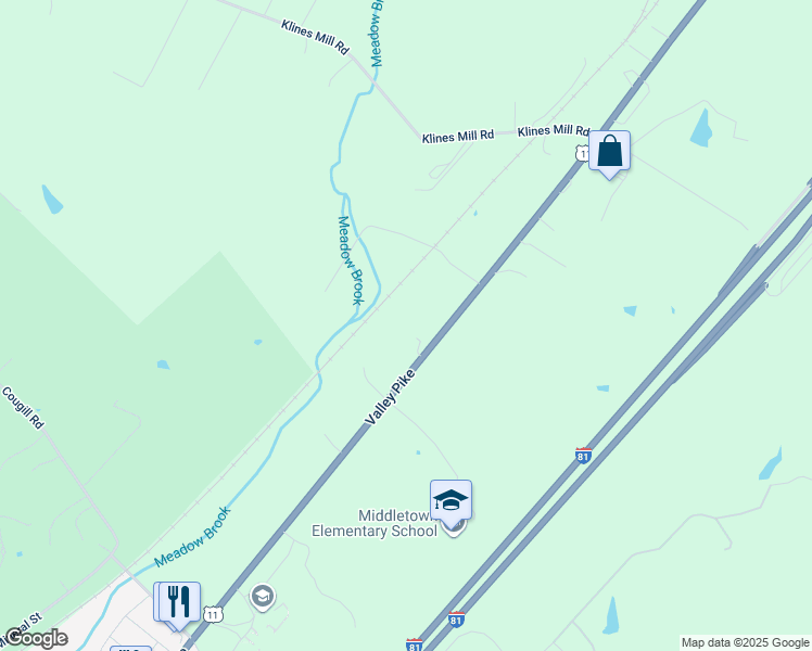 map of restaurants, bars, coffee shops, grocery stores, and more near 7036 Valley Pike in Middletown