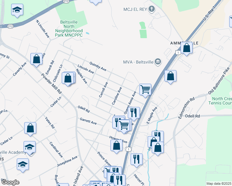 map of restaurants, bars, coffee shops, grocery stores, and more near in Calverton
