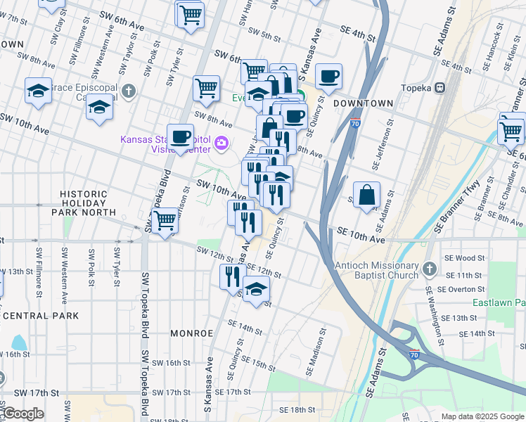 map of restaurants, bars, coffee shops, grocery stores, and more near 1020 South Kansas Avenue in Topeka