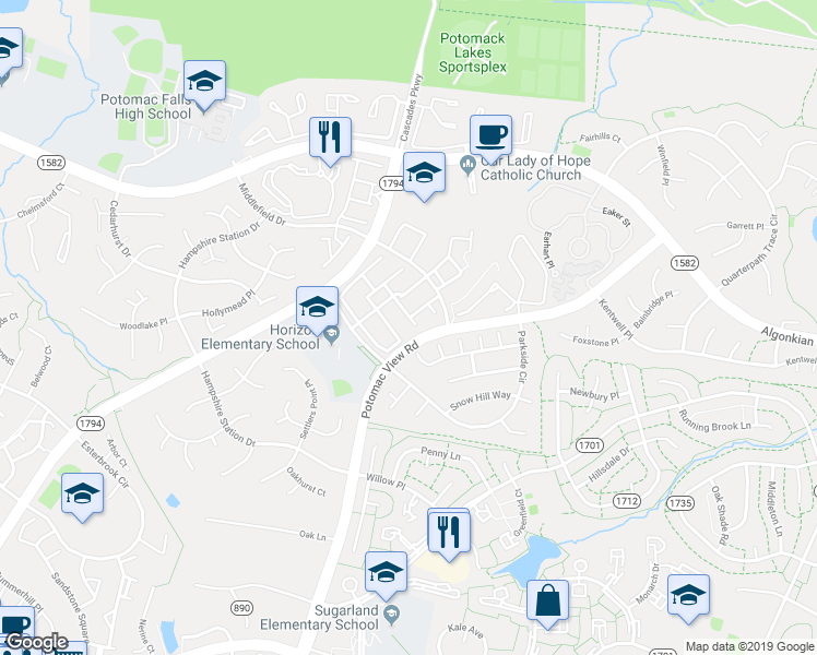 map of restaurants, bars, coffee shops, grocery stores, and more near 20593 Banbury Square in Sterling