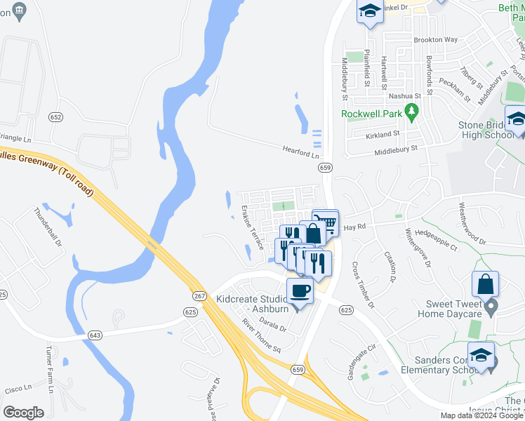 map of restaurants, bars, coffee shops, grocery stores, and more near 20625 Liddell Terrace in Ashburn